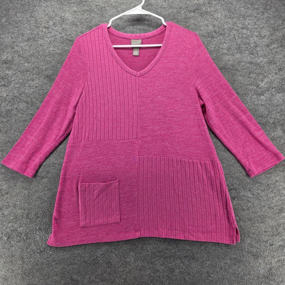 Chicos Tunic Sweater Womens 1 Pink V Neck Textured Knit Pocket 3/4 Sleeve